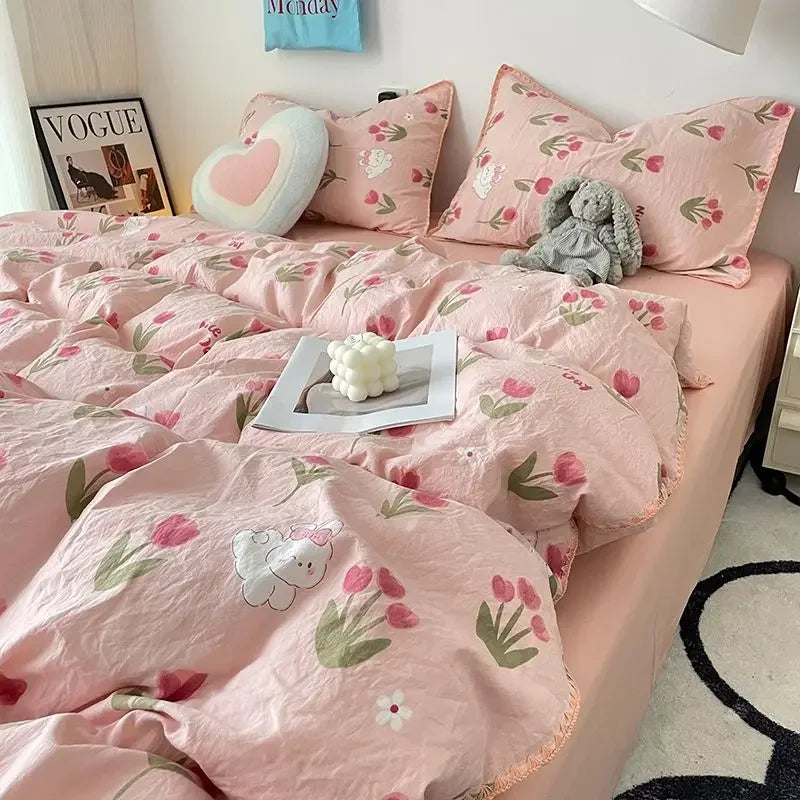 YOUMIKA  -  Tulip Rabbit Double-layer Bed Set Of Four Pieces Bedding Set Flora INS Girls 2024 New  Washing Cotton Bed Sheets Duvet Cover Set