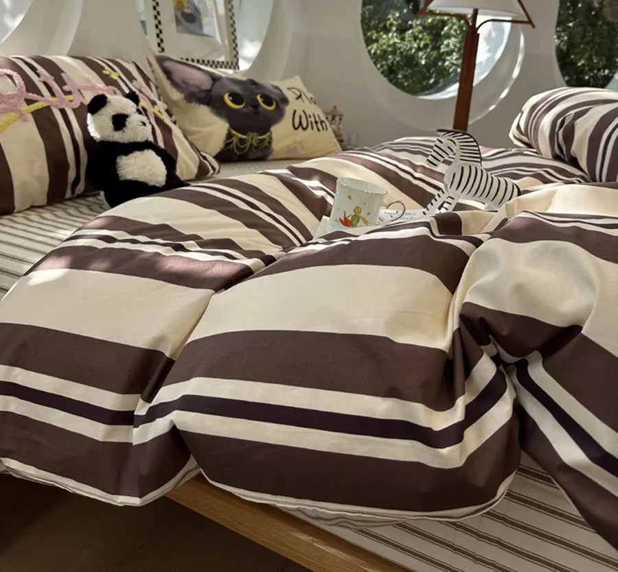 YOUMIKA  -  Fashion towel embroidery cat stripes brown bedding set kid,twin full queen cotton home textile bed sheet pillow case quilt cover