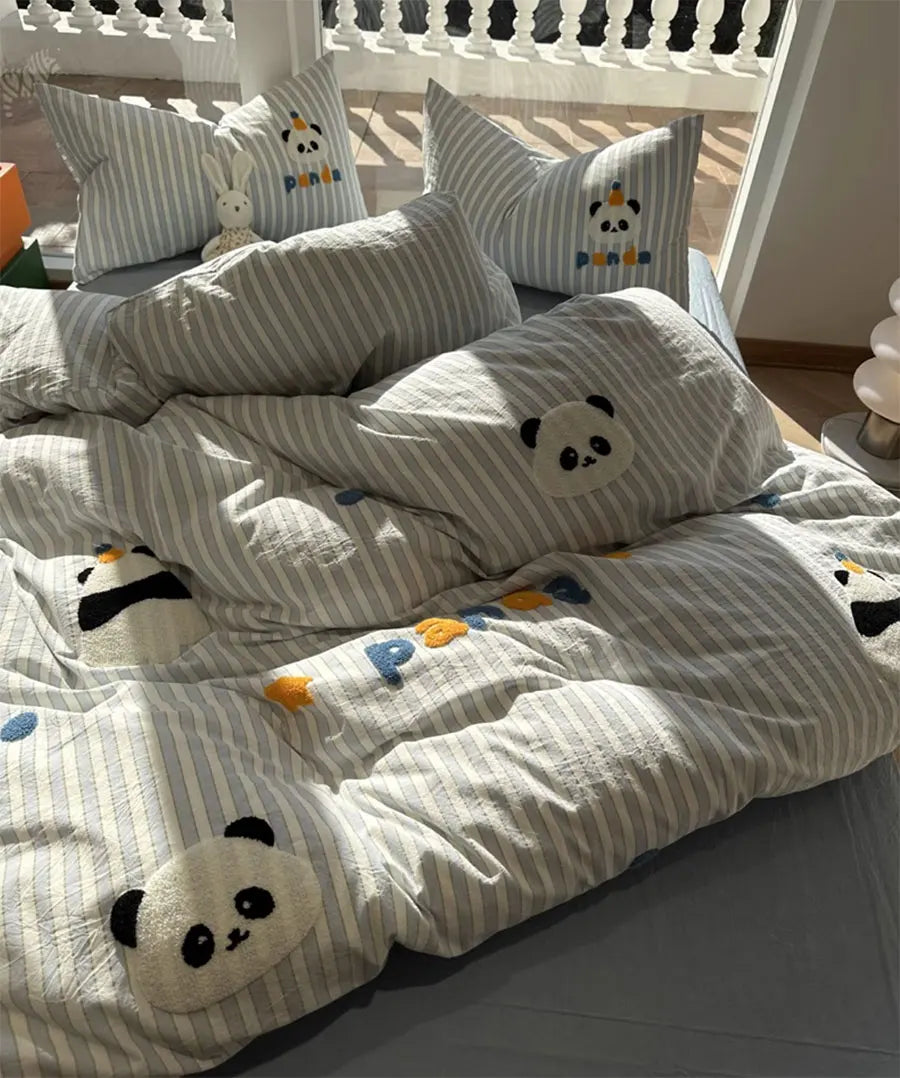 YOUMIKA  -  Cute cartoon embroidery panda bedding set,twin full queen king blue stripe cotton home textile bed sheet pillow case quilt cover