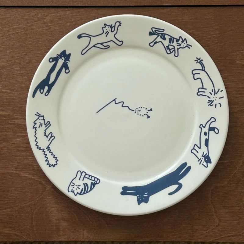 YOUMIKA  -  Korean Retro Blue Cat and Dog Pattern Breakfast Western Plate Ceramic Flat Plate