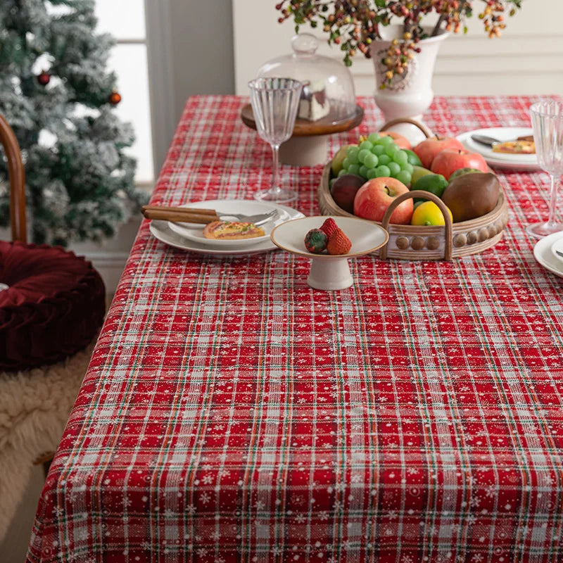 YOUMIKA  -  Christmas Tablecloth Green Plaid Snowflake Cotton Linen Rectangular Table Cover New Year Gifts Dining living room Table Decor