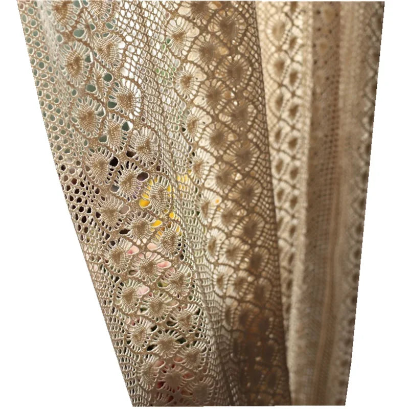 YOUMIKA  -  Boho Chic Beige Crochet Knitting Curtains for Bedroom Cotton Linen Hollowed Retro Farmhouse Patio Window Drapes