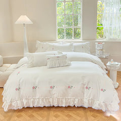 YOUMIKA  -  White Shabby Ruffle Duvet Cover Bedskirt Pillowcases 100%Cotton Ultra soft Farmhouse Chic Embroidery Bedding Comforter Cover