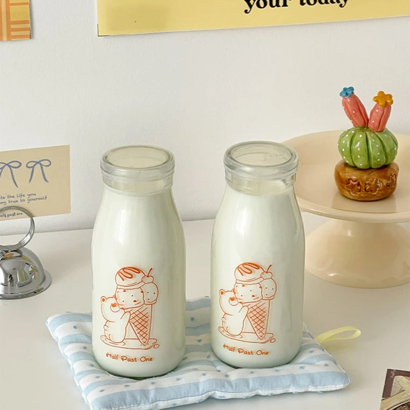 YOUMIKA  -  Original Homemade Cute Bear Milk Bottle Cartoon Breakfast Glass Cup Coffee Cup