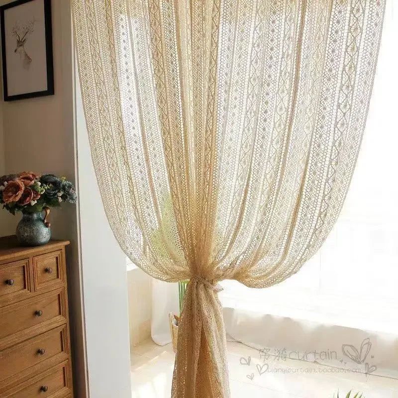 YOUMIKA  -  Cotton Hollow design Curtains Road Pocket Shade Curtain Tassel for Kitchen Bedroom Living Room Bay Window Cabinet Curtain