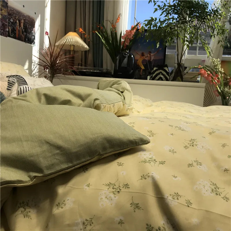 YOUMIKA  -  3/4pcs Korean Pastoral Style Small Floral Duvet Cover Bedding, Pure Cotton Light Yellow Artistic 1.2/1.5/1.8/2m Bed Sheets