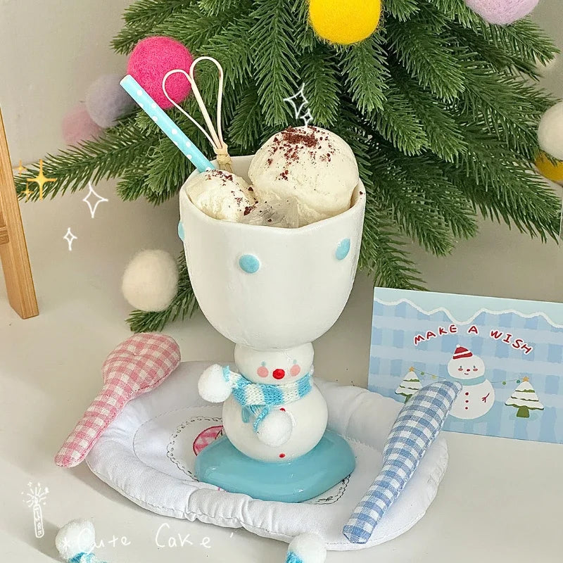 YOUMIKA  -  Cute Scarf Snowman High Footed Cup Underglaze Color Hand-painted Gift Ice Cream Ceramic Mug Souvenir