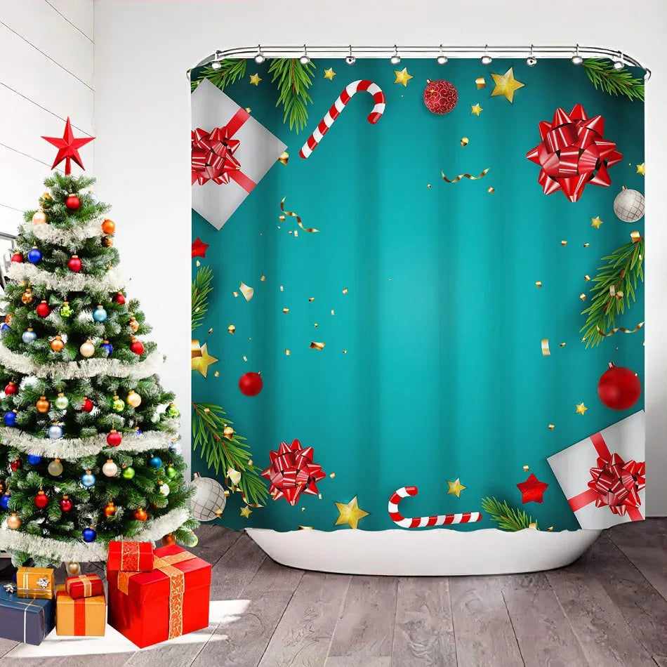 YOUMIKA  -  Merry Christmas Shower Curtains Colorful Xmas Balls Green Pine Branches Happy New Year Decor Fabric Bathroom Curtain Polyester