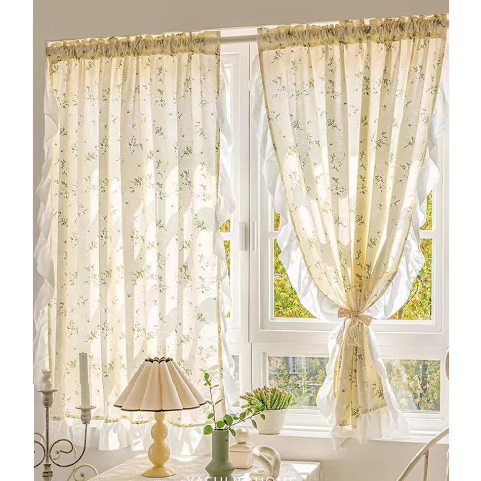 YOUMIKA  -  Korean Rufffle Embroidery Curtains Road Pocket Shade Curtain Floral for Kitchen Bedroom Living Room Bay Window Cabinet Curtain