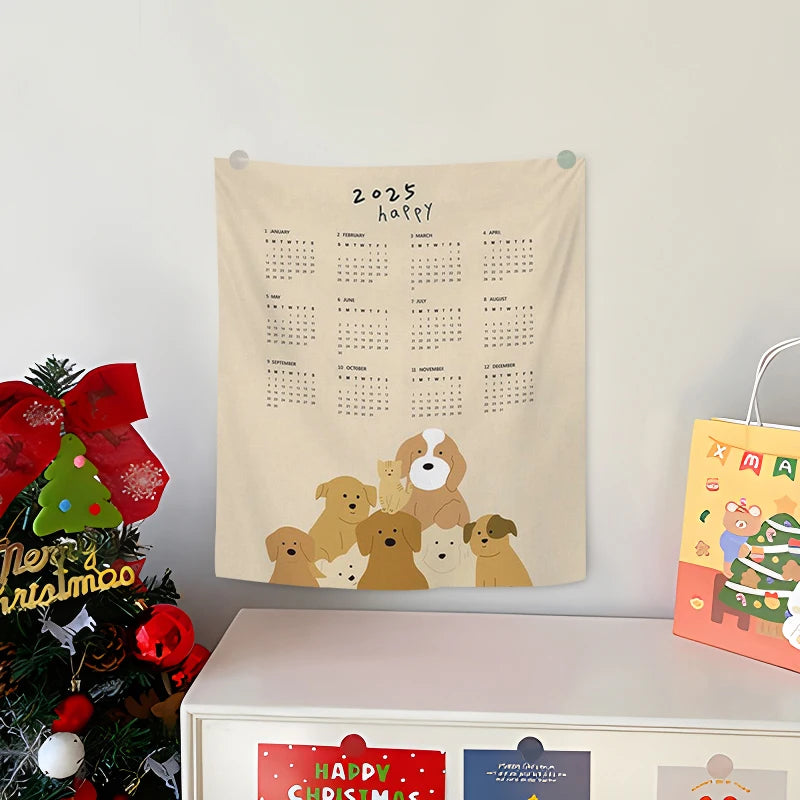 YOUMIKA  -  2025 New Year Calendar Tapestry Wall Decorative Hanging Cloth Background Photo Props Cute Bear Home Calendar Room Decoration