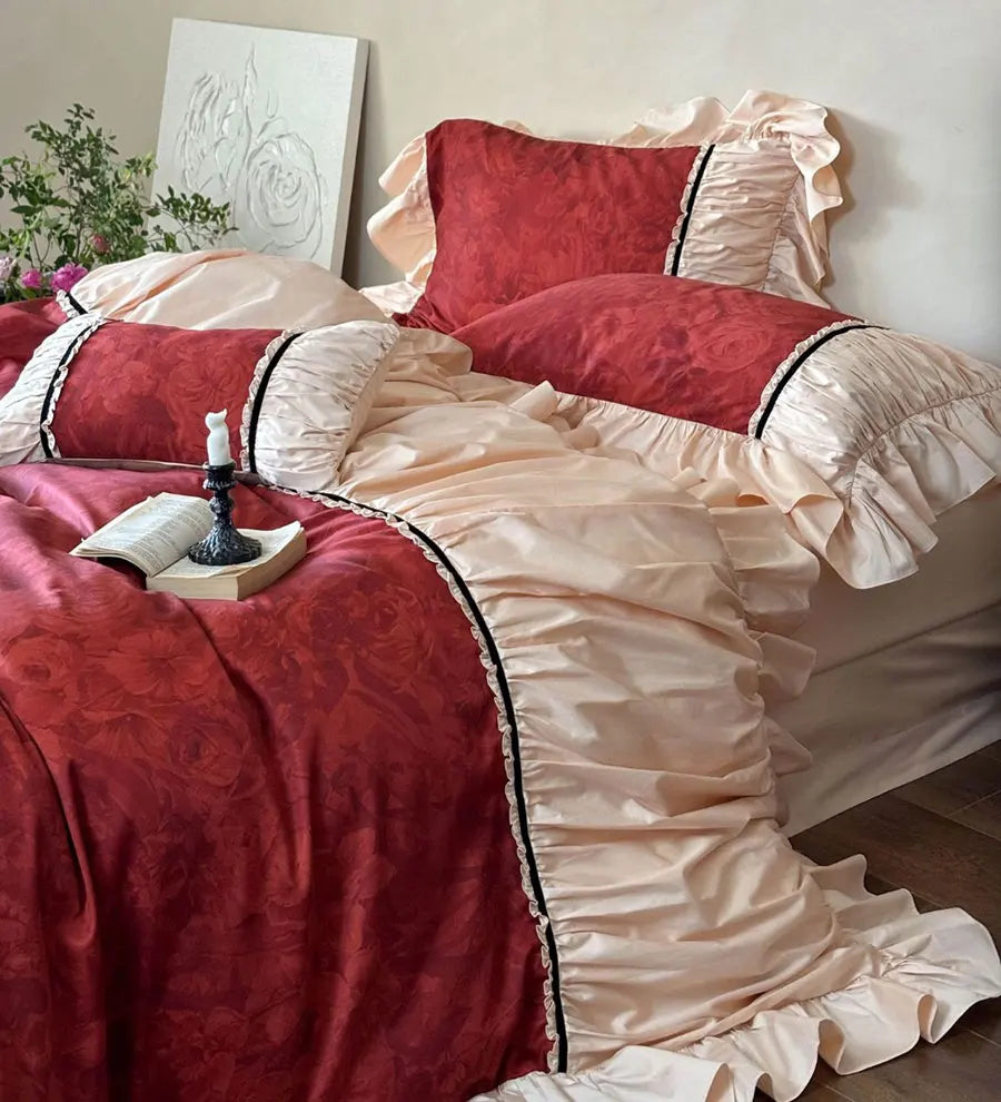 YOUMIKA  -  Classic fairyfair ruffle vintage red bed set,full queen king chinoiserie cotton home textile bed sheet pillow case duvet cover