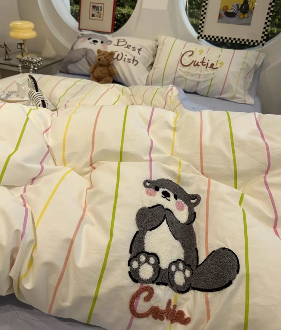 YOUMIKA  -  Cute towel embroidery otter stripes bedding set 1.2 1.5 1.8,twin full queen cotton home textile bed sheet pillowcase quilt cover