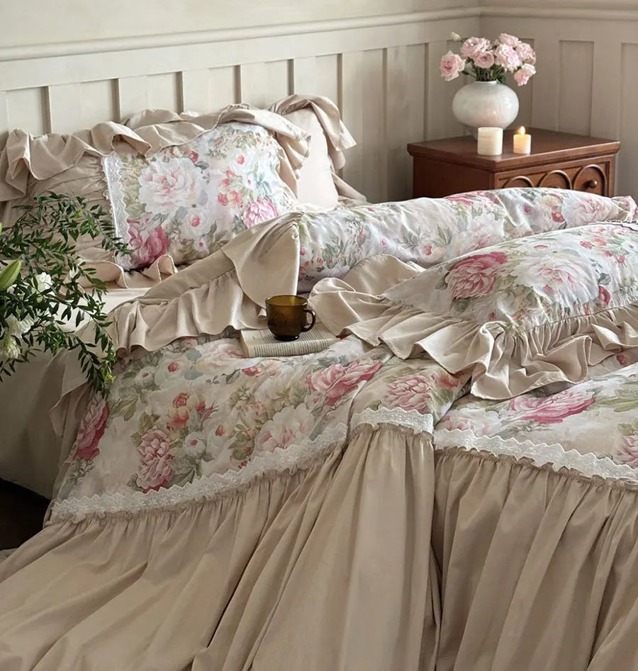 YOUMIKA  -  Elegant fairyfair ruffled pastoral flower bedding set,full queen king 100s cotton home textile bed sheet pillow case duvet cover