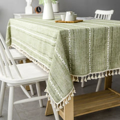 YOUMIKA  -  Cotton Linen Tablecloth Rectangle Dining Table Cover Wrinkle Free Farmhouse Fabric Cloth with Tassels Restaurant Party Decor