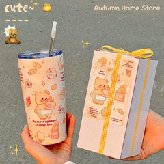 YOUMIKA  -  Cute Spring Butter Bear Large Capacity 304 Stainless Steel Direct Drinking Mouth Straw Insulation Cup Cartoon