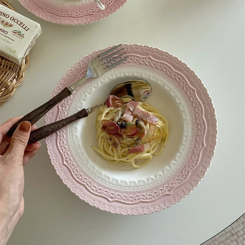 YOUMIKA  -  Relief French Dining Plate Underglaze Color Retro Pink Lace Relief Ceramic Plate Pasta Dessert Plate