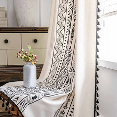 YOUMIKA  -  Farmhouse Cotton Linen Window Curtain with Tassels Geometric Print Room Darkening Curtains Panel for Bedroom Living Room 1 Piece