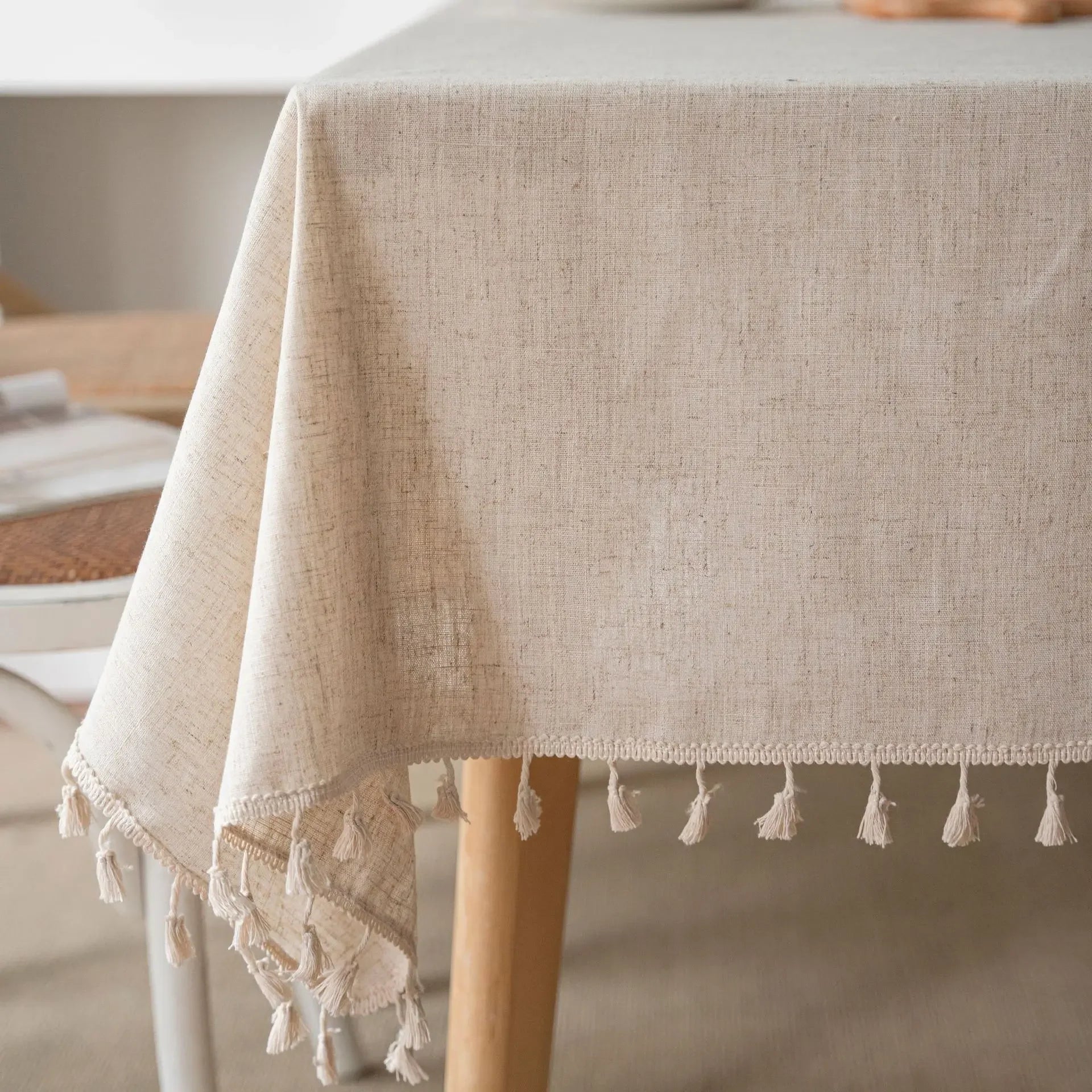 YOUMIKA  -  Cotton Linen Tablecloth,Rectangle Tassel,Jute Rope Lace Dust-Proof Table Cover,for Kitchen Dinning Party Tea Table Decor