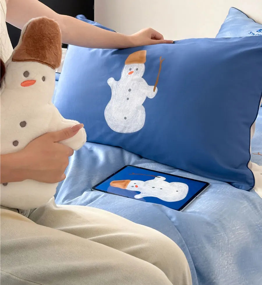 YOUMIKA  -  Cute cartoon snowman blue bedding set,full queen king lovely kawaii 100s cotton home textile bed sheet pillow case duvet cover