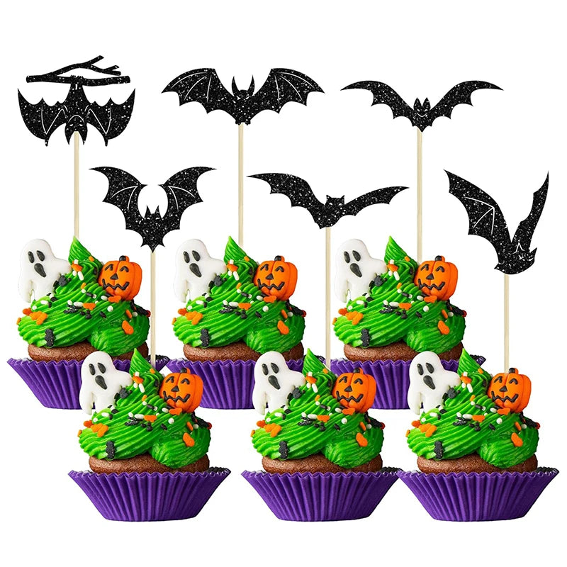 YOUMIKA  -  12/24Pcs Halloween Bat Cupcake Topper Black Glitter Bat Cupcake Picks for Kids Halloween Birthday Party Cake Decoration Supplies