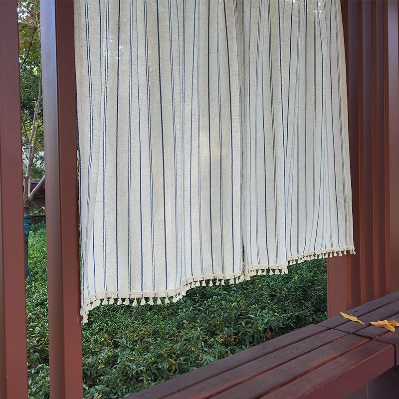 YOUMIKA  -  Boho Kitchen Curtains 1Panel Blue Striped Light Filtering Short Cafe Valance Window Curtain Over Sink for Laundry Room RV Camper