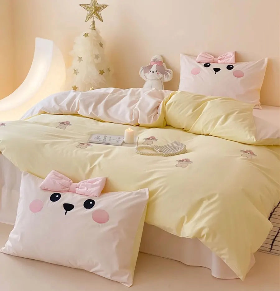 YOUMIKA  -  Cute embroidery dog yellow beding set 1.2 1.5 1.8 2.0,twin full queen king cotton home textile bed sheet pillow case duvet cover