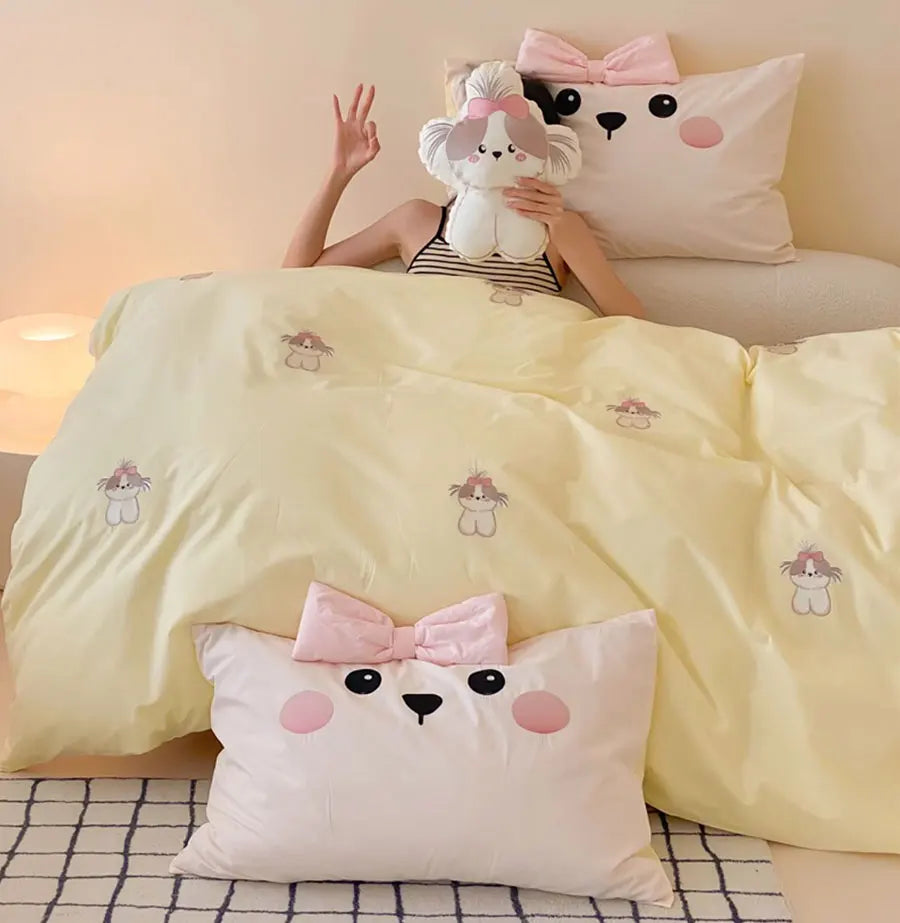 YOUMIKA  -  Cute embroidery dog yellow beding set 1.2 1.5 1.8 2.0,twin full queen king cotton home textile bed sheet pillow case duvet cover