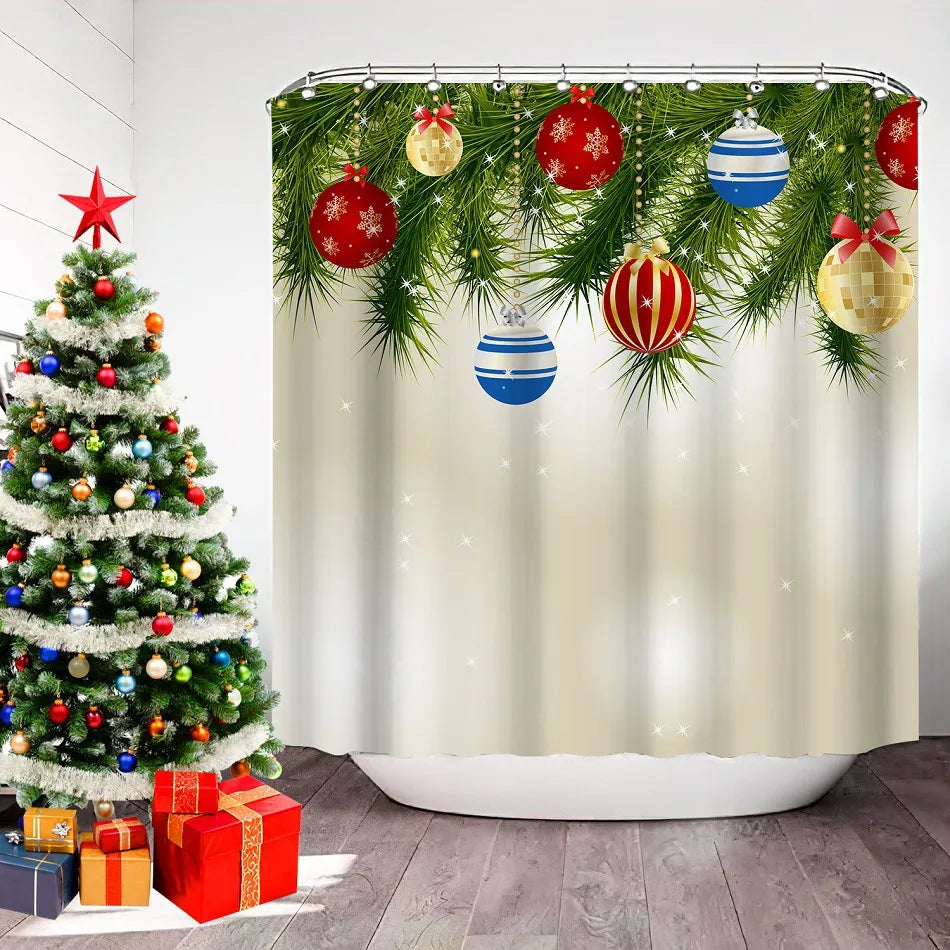 YOUMIKA  -  Merry Christmas Shower Curtains Colorful Xmas Balls Green Pine Branches Happy New Year Decor Fabric Bathroom Curtain Polyester