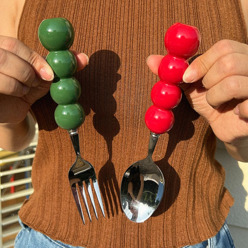 YOUMIKA  -   Lovely Tomatoes on Sticks String Fork Spoon 304 Stainless Steel Tableware Ceramic Ball