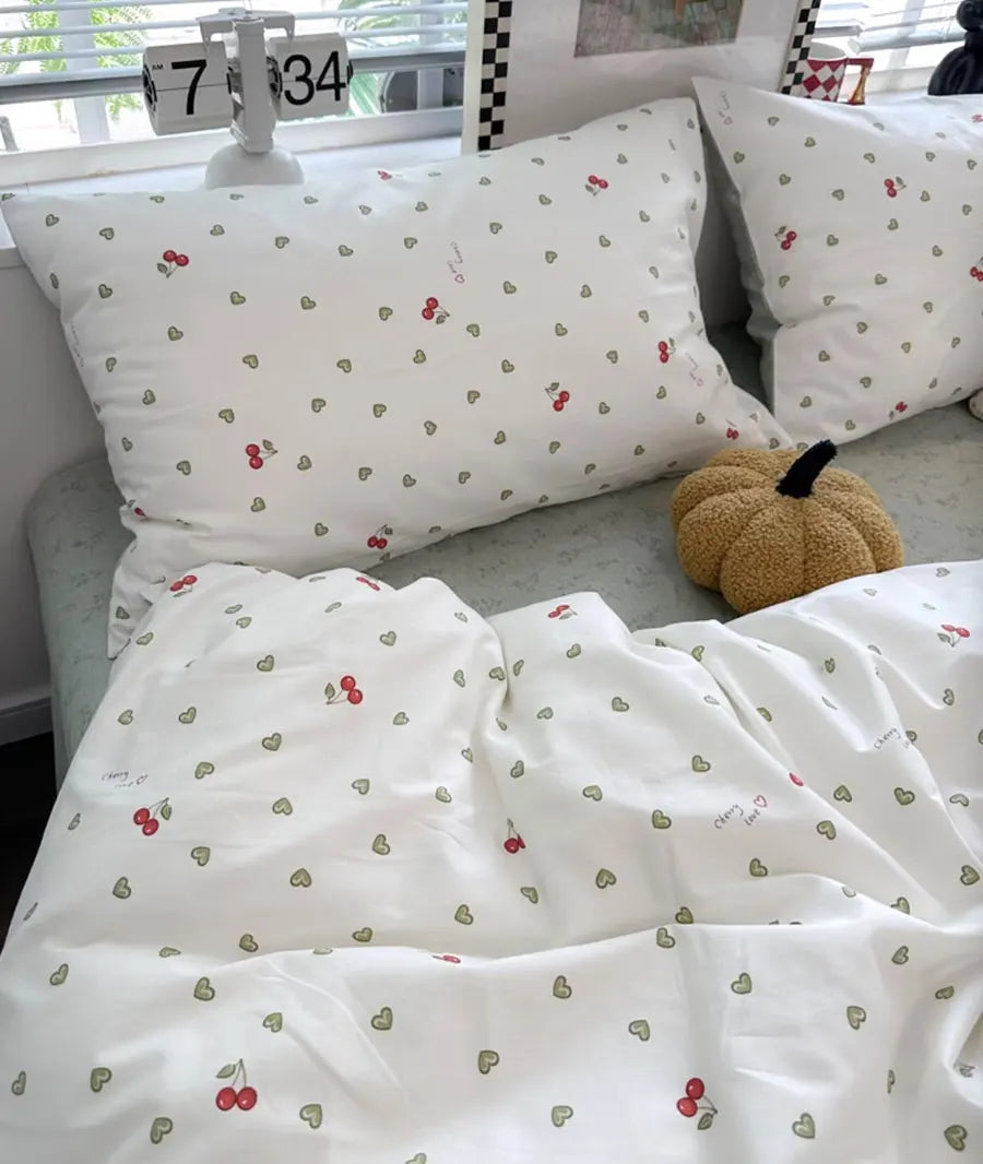 YOUMIKA  -  Fashion kawaii green heart cherry bedding set,twin full queen king lovely cotton home textile bed sheet pillow case quilt cover