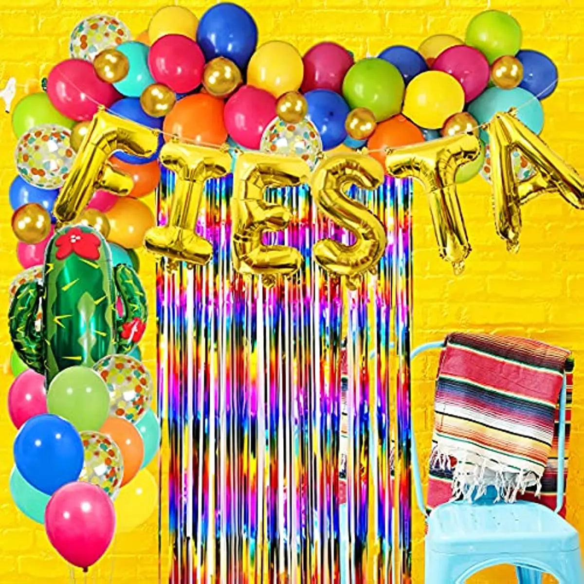 YOUMIKA  -  Mexican Luau Theme Party Decor Fiesta Balloon Garland With Rainbow Fringe Backdrop Cactus Foil Balloon For rainbow parties