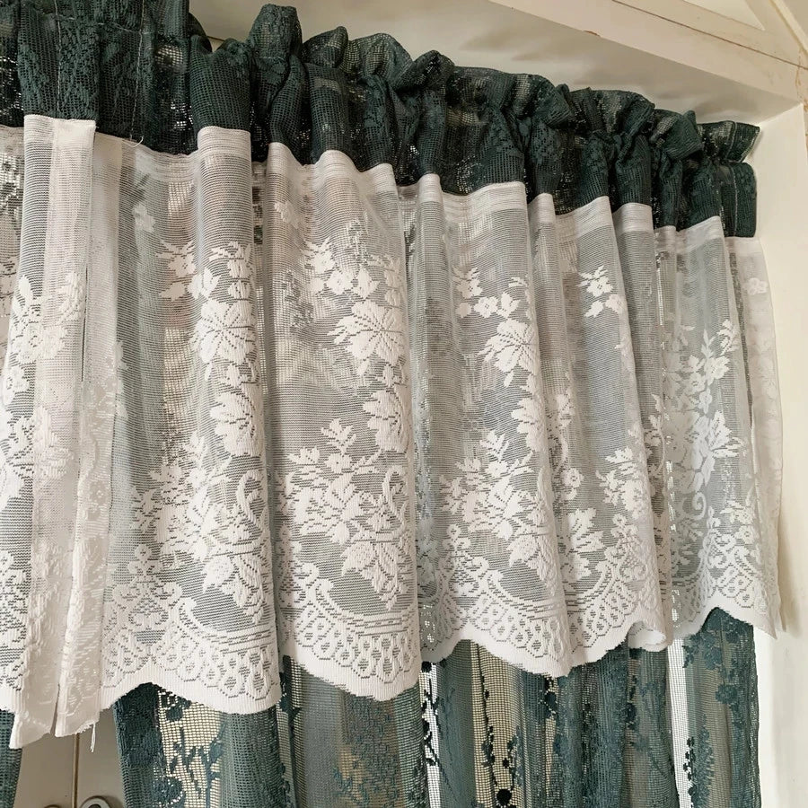 YOUMIKA  -  American Pastoral Dark Green Short Curtain Coffee Half Curtain Double Lace Embroidered Sheer Curtain for Kitchen Cabinet Door