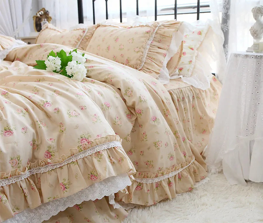 YOUMIKA  -  Romantic elegant floral lace bedding set,sweet flower rose full queen king cotton home textile bedspread pillow case quilt cover