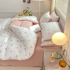 YOUMIKA  -  Romantic Tulip Pink Bedding Set Bed Flat Sheet Pillowcase Twin Full Queen Bed Linen Kids Girls Floral Duvet Cover No Filling