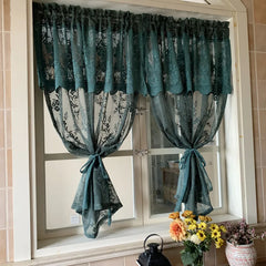 YOUMIKA  -  American Pastoral Dark Green Short Curtain Coffee Half Curtain Double Lace Embroidered Sheer Curtain for Kitchen Cabinet Door