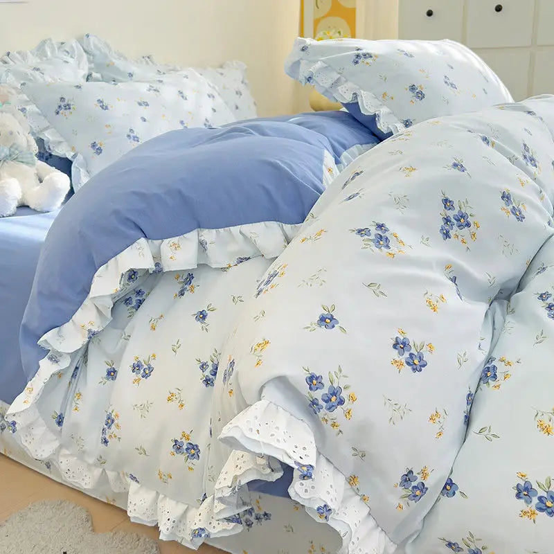 YOUMIKA  -  Ins Style Floral Duvet Cover Set Flat Sheet Pillowcases No Filling Queen 200x230cm Romantic Girls Blue Bedding Flower Bed Linens