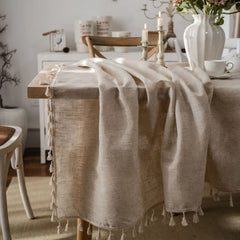 YOUMIKA  -  Polyester Flax Tablecloth for Outdoor Picnics, Monochrome Tablecloth, Broom Tassels, American Rural Styles, Pastoral Style