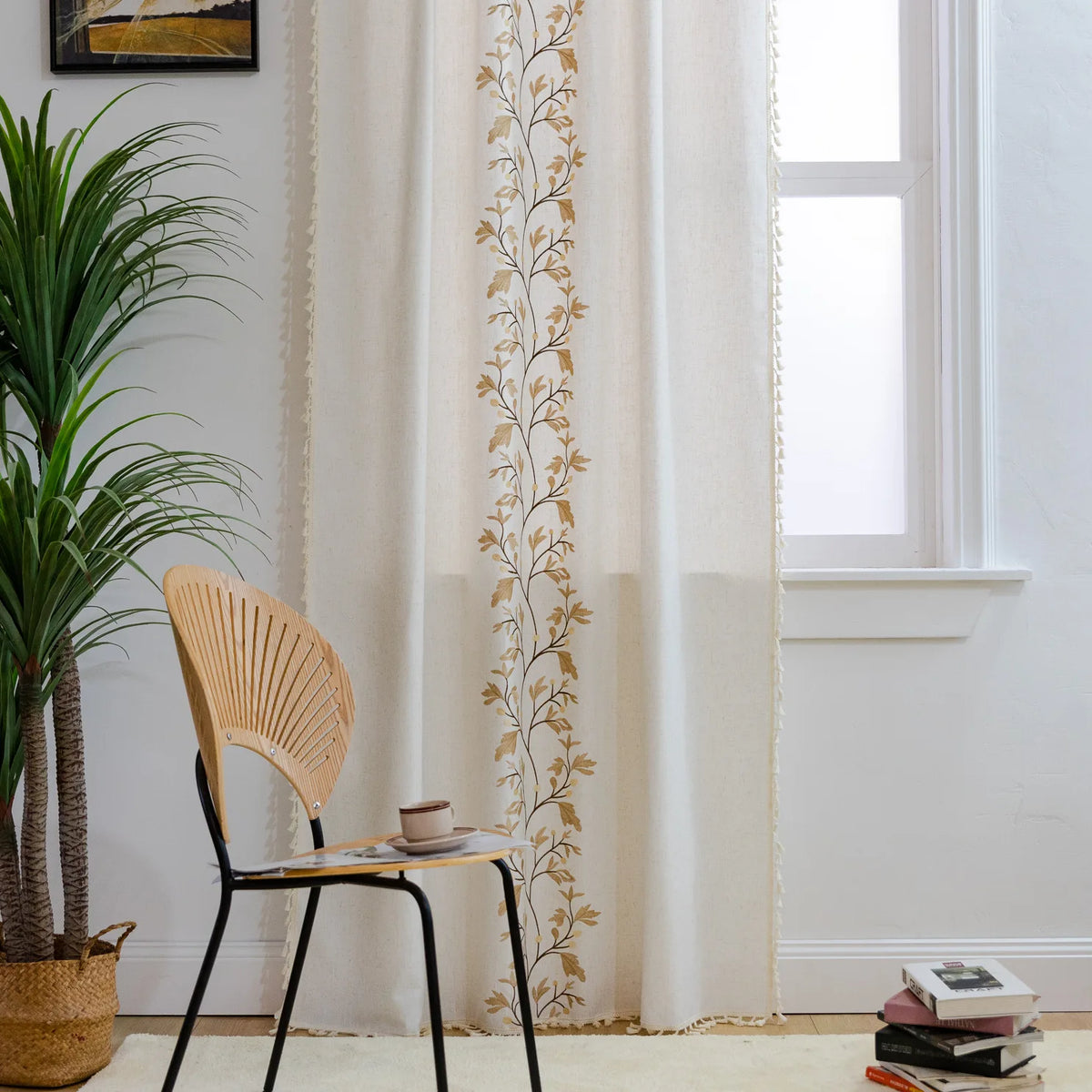 YOUMIKA  -  Cotton and linen curtains embroidered American style bedroom living room window curtain perforated semi-shading tassel curtain