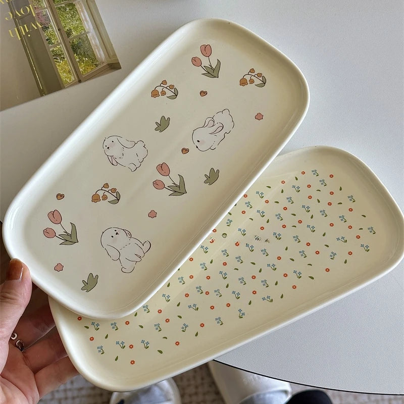 YOUMIKA  -  Korean Style Cup Tray Cute Floral Bear Ceramic Mug Tray Afternoon Tea Tray Trays Decorative