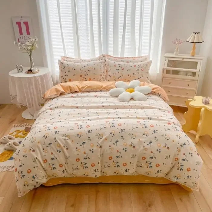 YOUMIKA  -  Pastoral Floral Bedding Set No Filler Soft Washed Cotton Duvet Cover Flat Sheet Pillowcase Full King Girls Adults Bed Linens