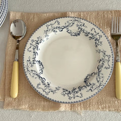 YOUMIKA  -  French Floral Lace Blue Ceramic Brunch Breakfast Disc Ceramic Plate Italian Pasta Plate