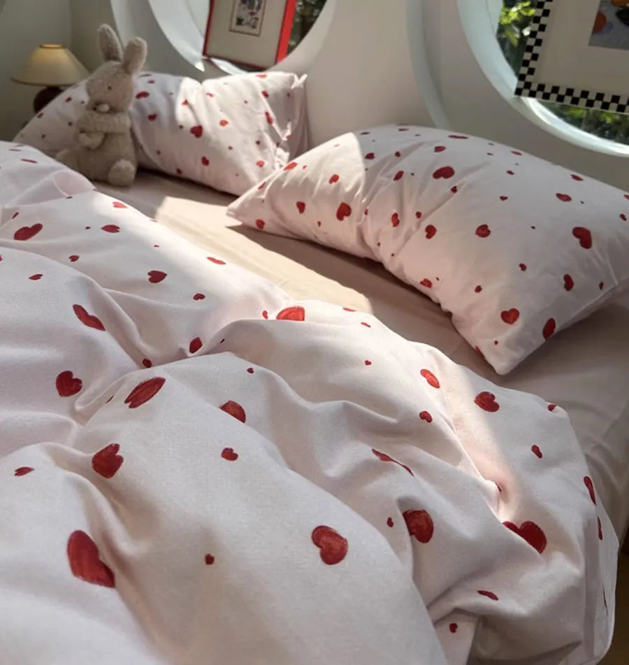 YOUMIKA  -  Cute Sweet Red Heart Bedding Set,twin Full Queen King Trend Kawaii Design Cotton Home Textile Bed Sheet Pillow Case Quilt Cover