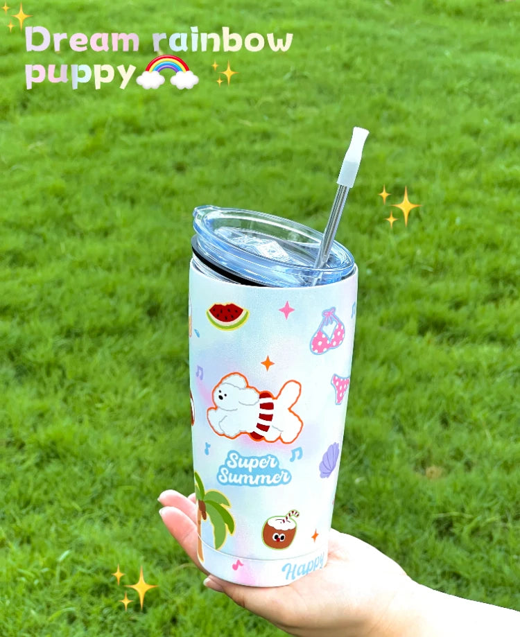 YOUMIKA  -  Dreamy Rainbow Puppy Large Capacity 304 Stainless Steel Direct Drinking Mouth Straw Insulated Cup Cartoon Cold Insulation