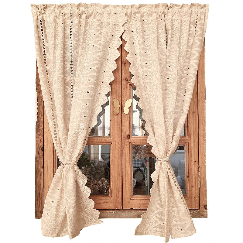 YOUMIKA  -  Beige Cafe Curtain Embroidered Floral French Country Victorian Lace Kitchen Curtain Cotton Window Treatment with Tassel 2 Panels