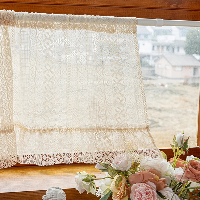 YOUMIKA  -  Boho Sheer Curtain Valance Crochet Lace with Hollow Knitted Handmade Tassels Short Farmhouse Window Treatments for Kitchen Cafes