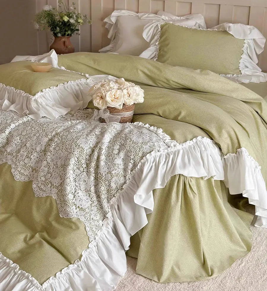 YOUMIKA  -  Princess fairyfair ruffle green bedding set,full queen king luxury lace cotton home textile bedspread pillow case duvet cover