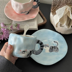 YOUMIKA  -  Cute Hand Drawn Cat Hand Drawn Ceramic Coffee Cup Dish Underglaze Color Gift Cup