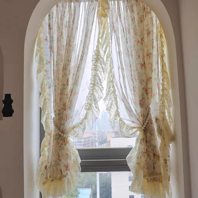 YOUMIKA  -  French Rural Flowers Window Tulle Curtains for Living Room Korean Floral Ruffled Waves Side Curtains for Kitchen #A536