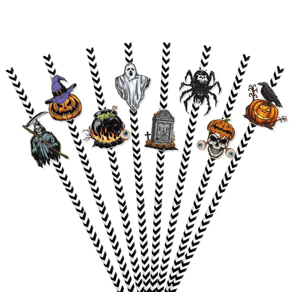 YOUMIKA  -  24pcs Halloween Paper Straws With Spider Bat Witch Skeleton Ghost Card Halloween Party Cocktail Drinking Straws Halloween Decor