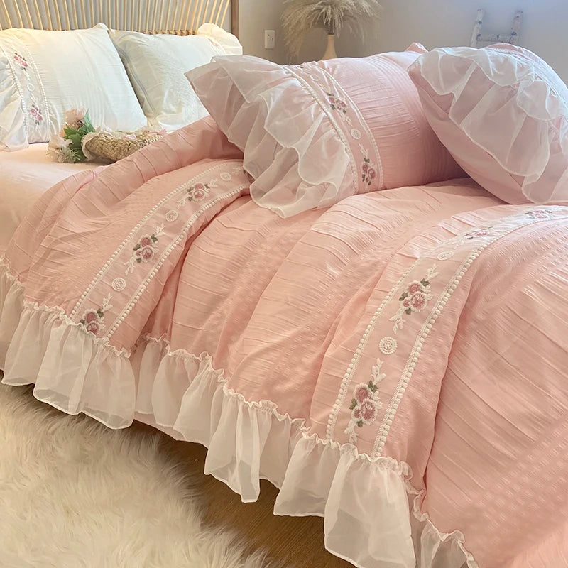 YOUMIKA  -  Pink Korean Princess Style Lace Ruffles Wedding Bedding Set Seersucker Washed Cotton Soft Duvet Cover Set Bed Sheet Pillowcases